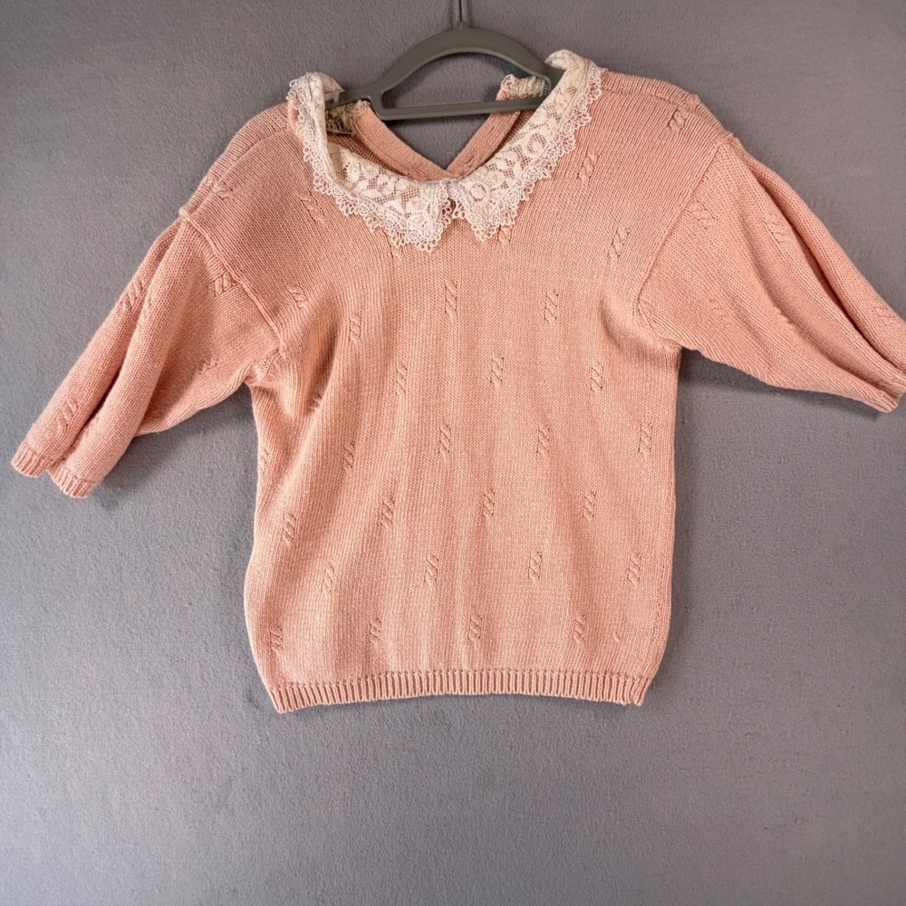 Vintage Sweater Womens S Peach Pointelle Lace Collar Cottagecore 70s Knit Top
